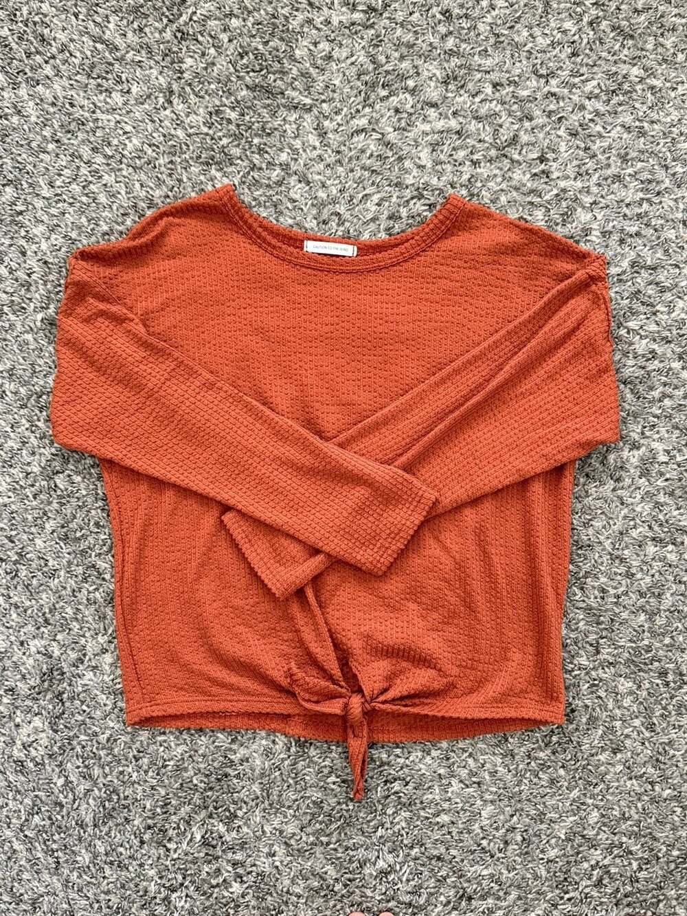 Caution To The Wind Waffle Knit Tie-Front Long Sleeve Top